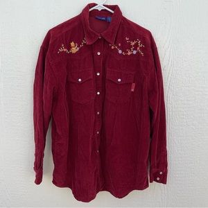 Disney Winnie The Pooh Button Down Long Sleeve Women's Large Burgundy Shirt
